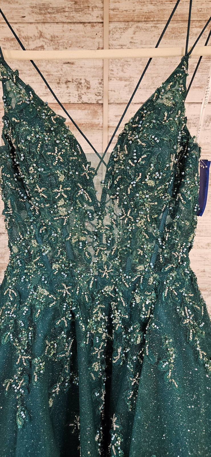GREEN SPARKLY A LINE GOWN $998