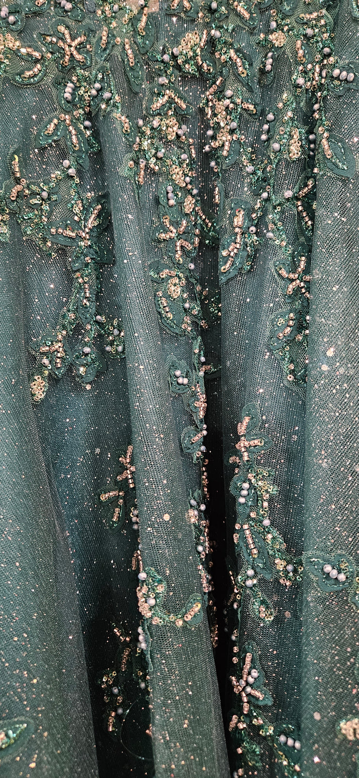 GREEN SPARKLY A LINE GOWN $998