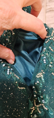 GREEN SPARKLY A LINE GOWN $998