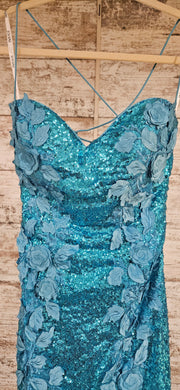 TEAL/FLORAL SPARKLY LONG DRESS