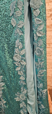 TEAL/FLORAL SPARKLY LONG DRESS