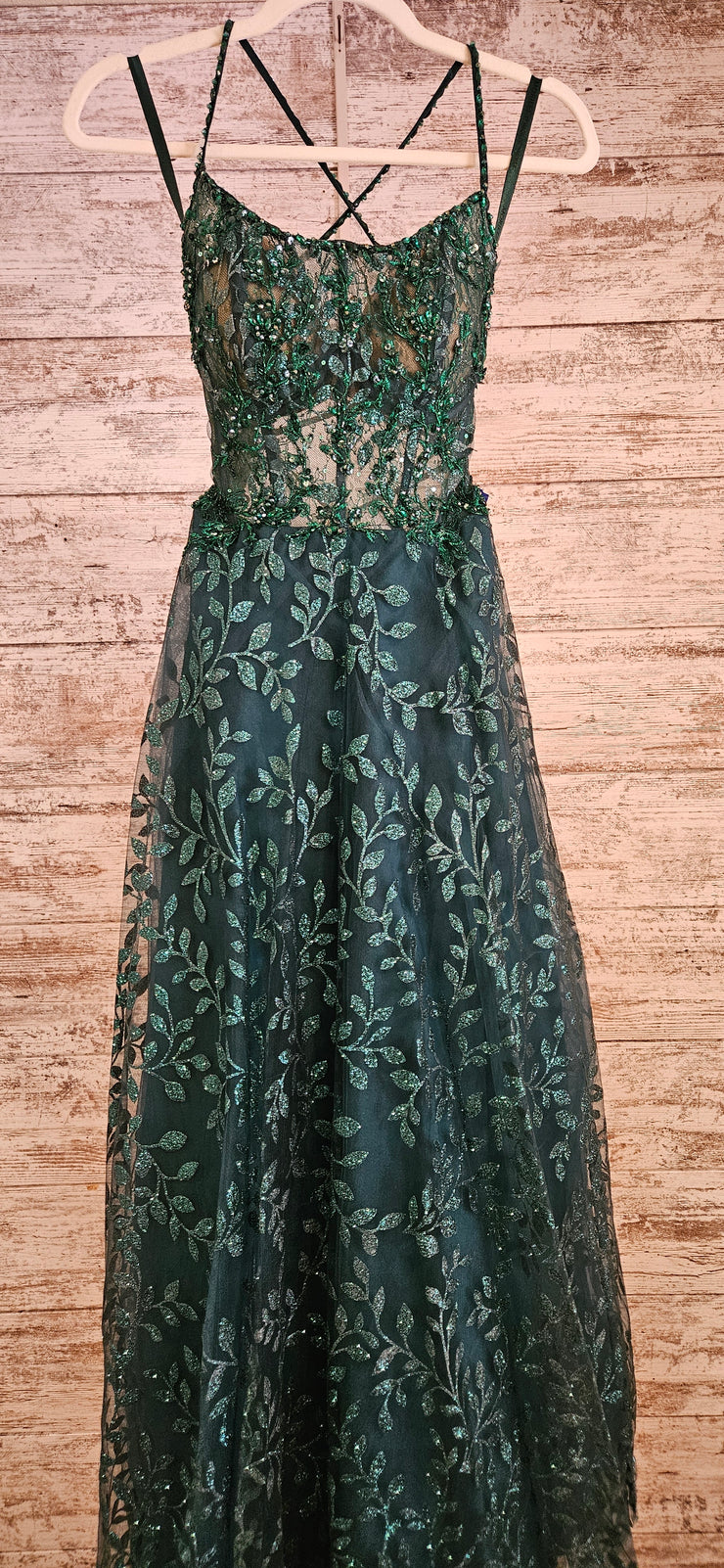 GREEN SPARKLY A LINE GOWN