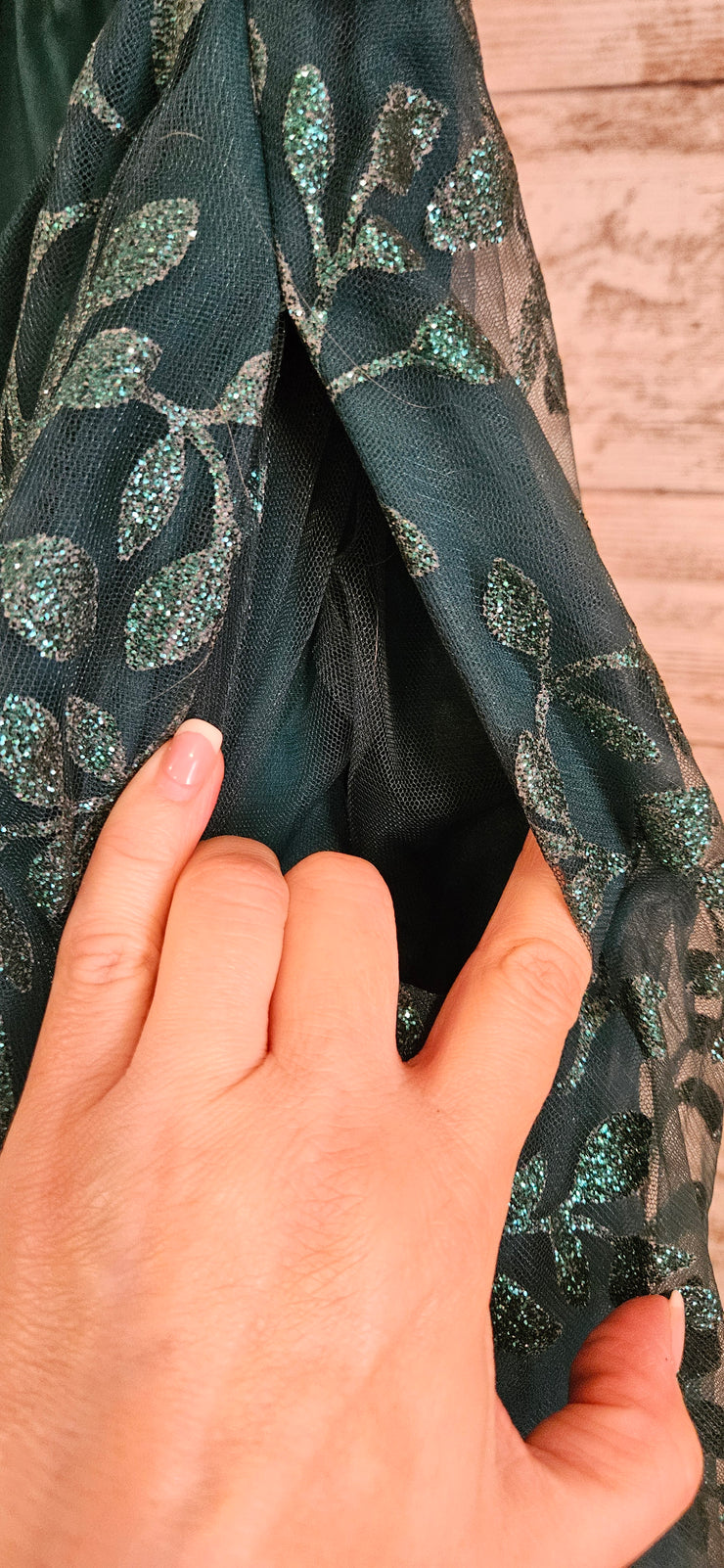 GREEN SPARKLY A LINE GOWN