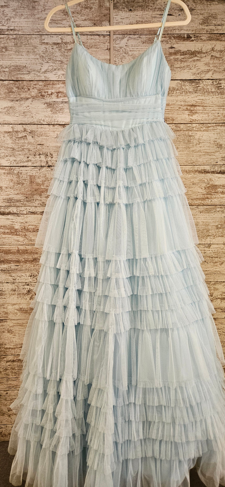 BLUE RUFFLED A LINE GOWN