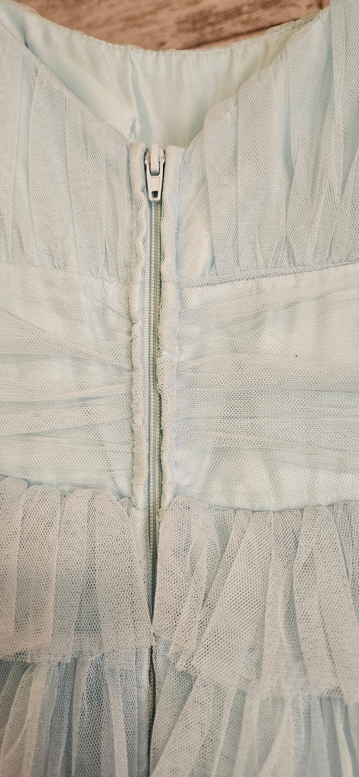 BLUE RUFFLED A LINE GOWN