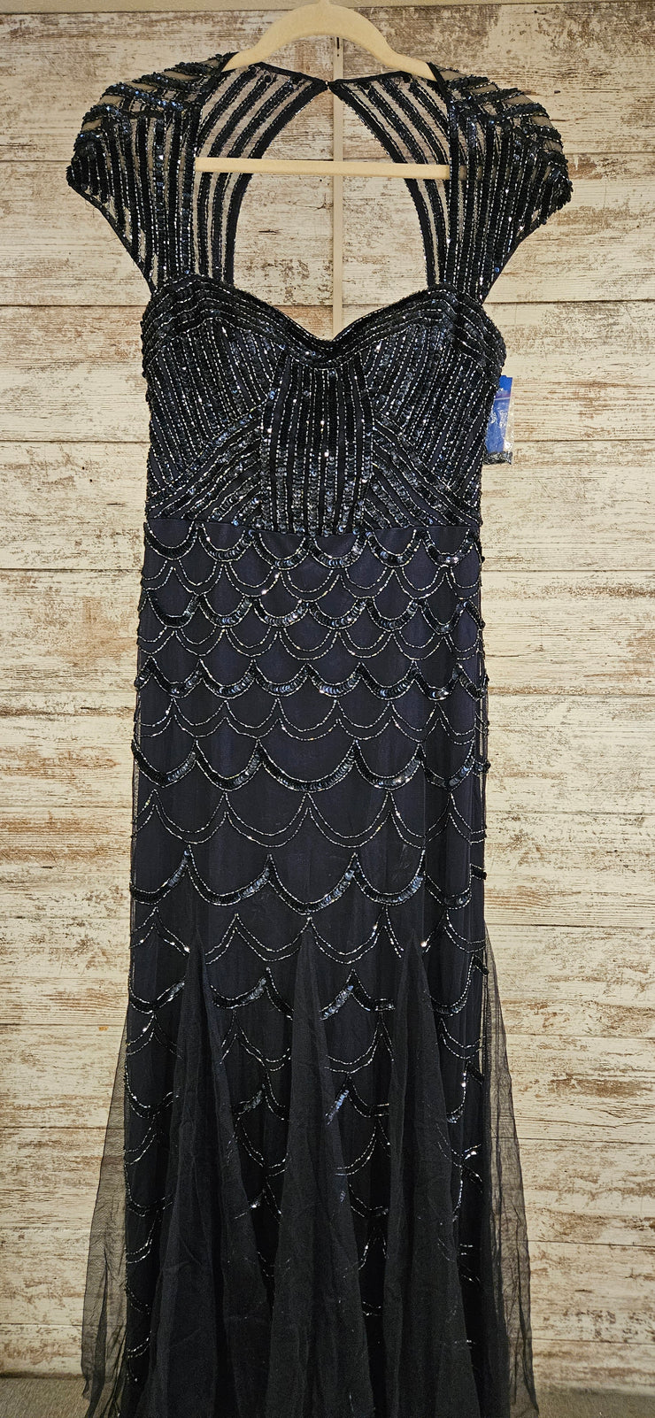 NAVY BEADED LONG EVENING GOWN