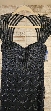 NAVY BEADED LONG EVENING GOWN