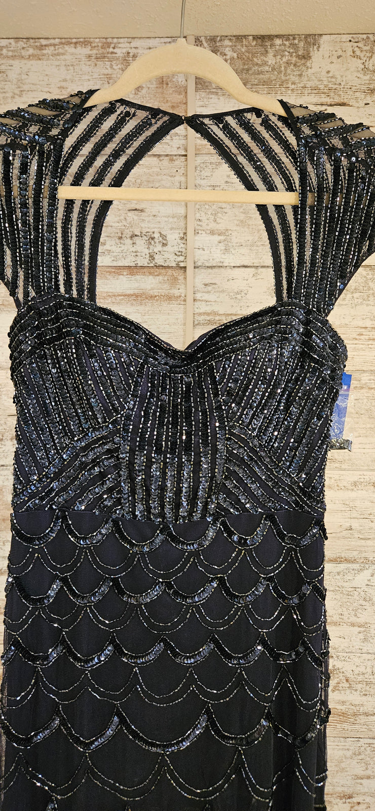 NAVY BEADED LONG EVENING GOWN