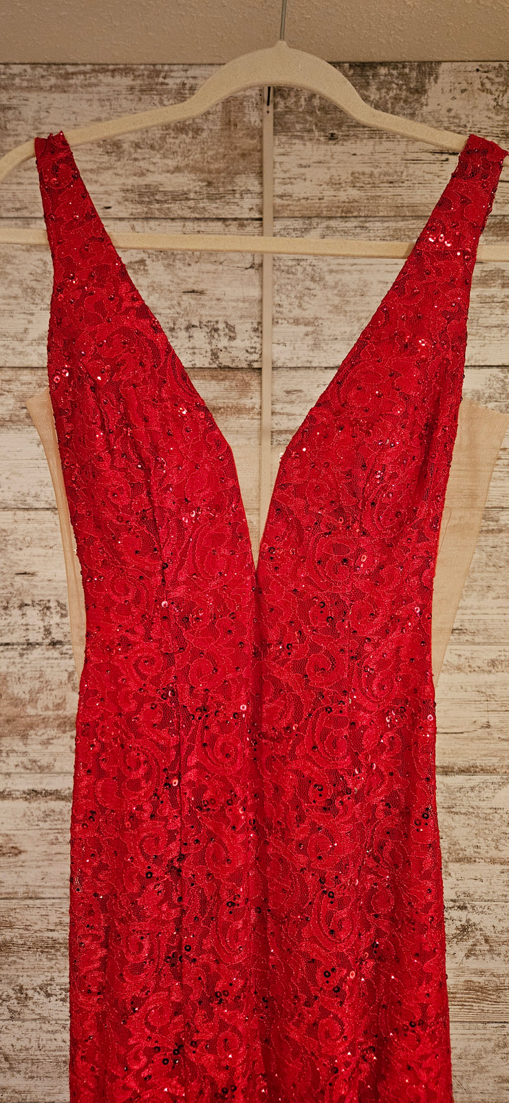 RED LACE LONG EVENING GOWN