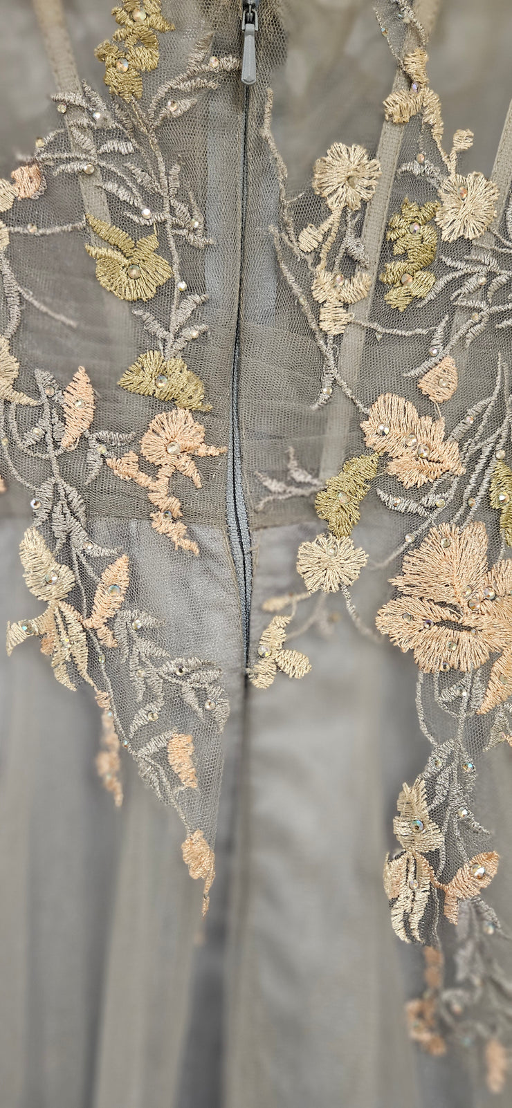 GRAY/FLORAL A LINE GOWN