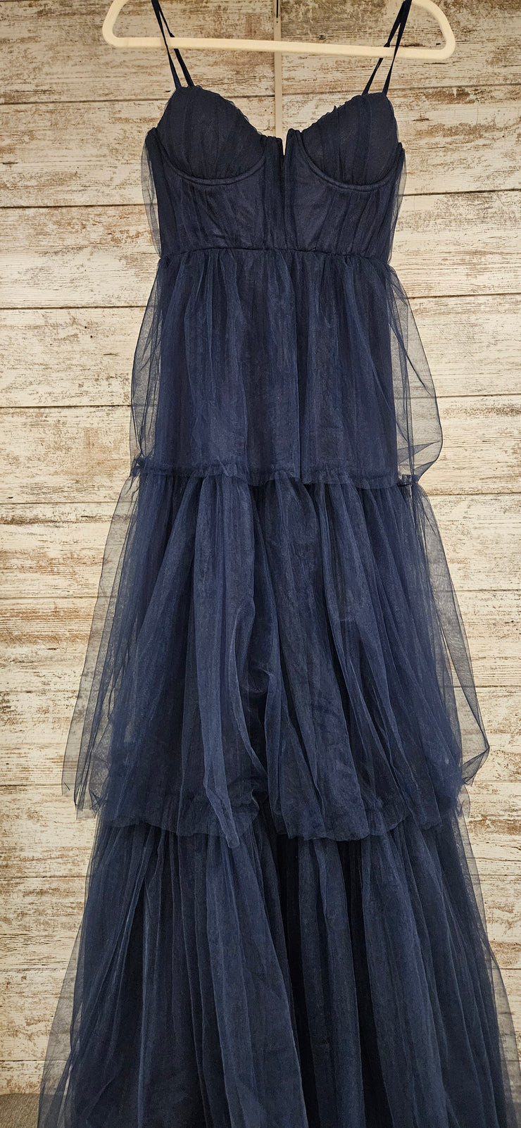 NAVY TIERED A LINE GOWN
