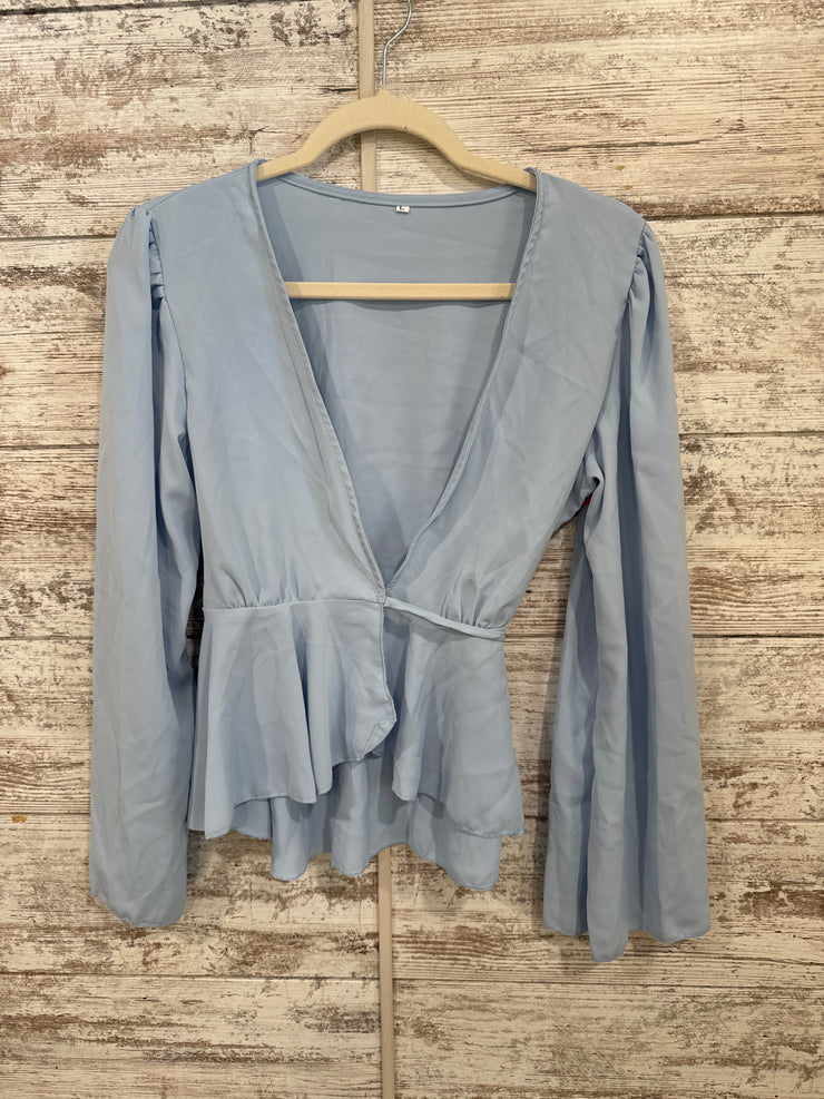 BLUE WRAP LONG SLEEVE TOP