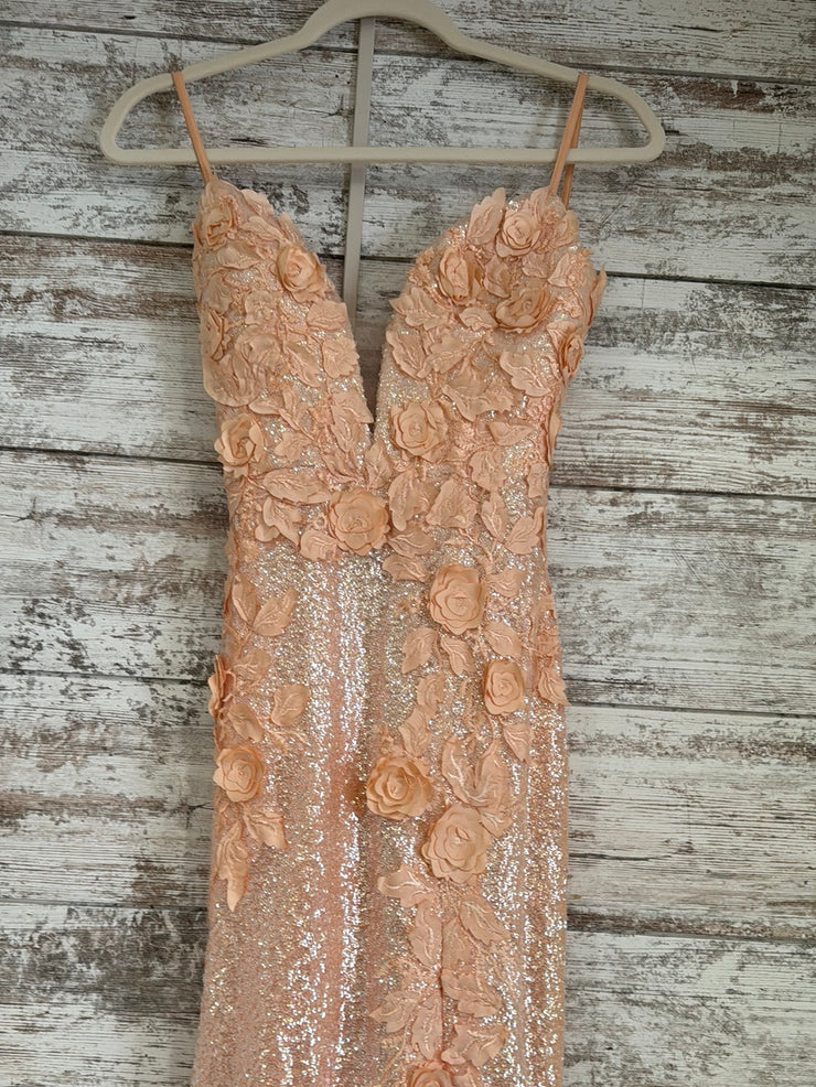 PEACH/FLORAL LONG EVENING GOWN