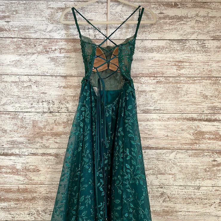 GREEN SPARKLY A LINE GOWN