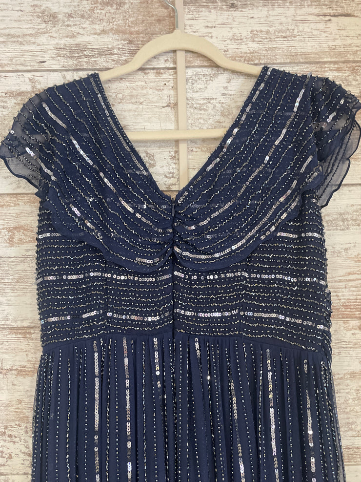 NAVY BEADED LONG EVENING GOWN