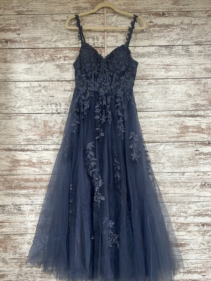 BLUE/GRAY FLORAL A LINE GOWN