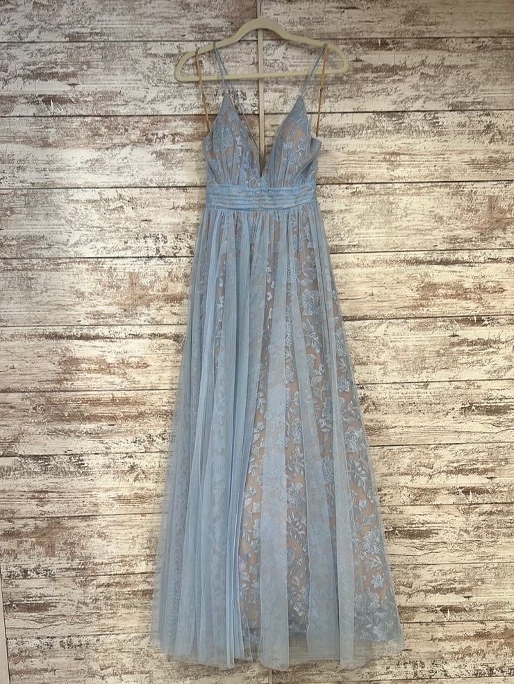 BLUE/NUDE FLORAL A LINE GOWN