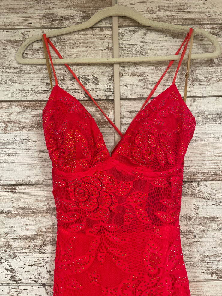 RED LACE LONG EVENING GOWN