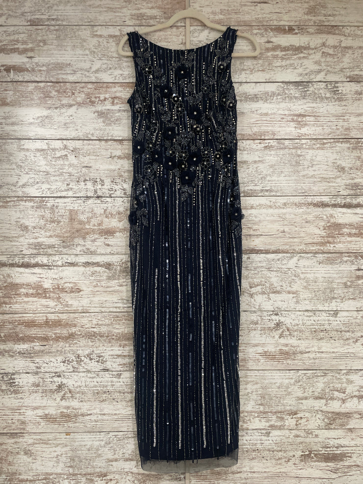 NAVY/SILVER BEADED LONG DRESS