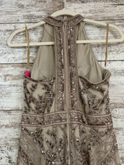 TAN BEADED LONG EVENING GOWN