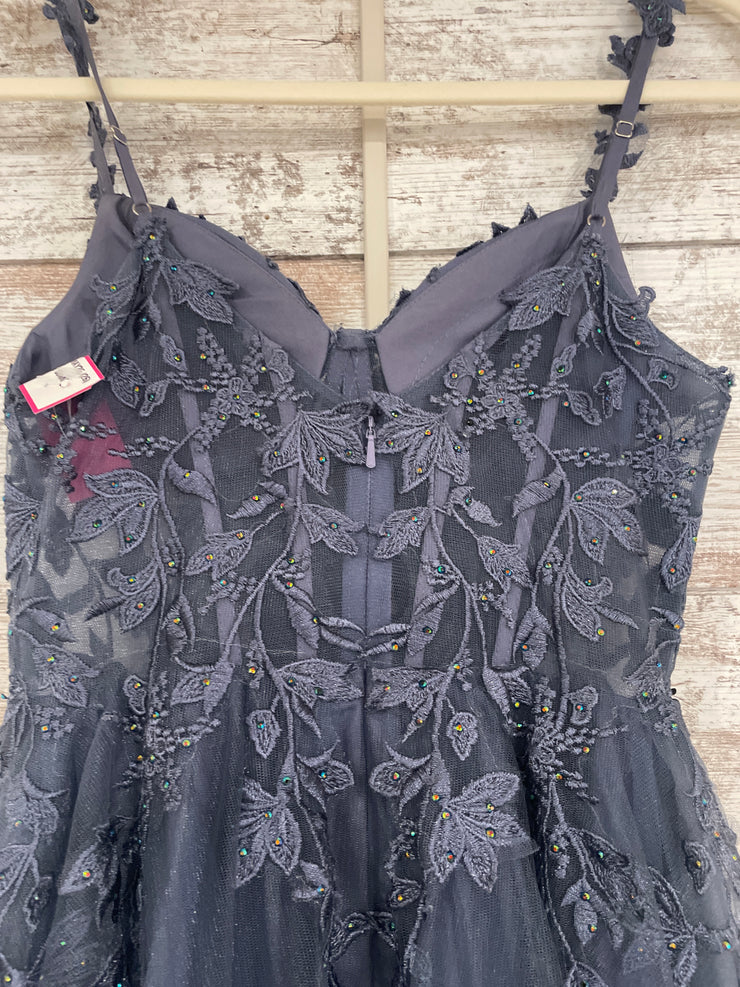 BLUE/GRAY FLORAL A LINE GOWN