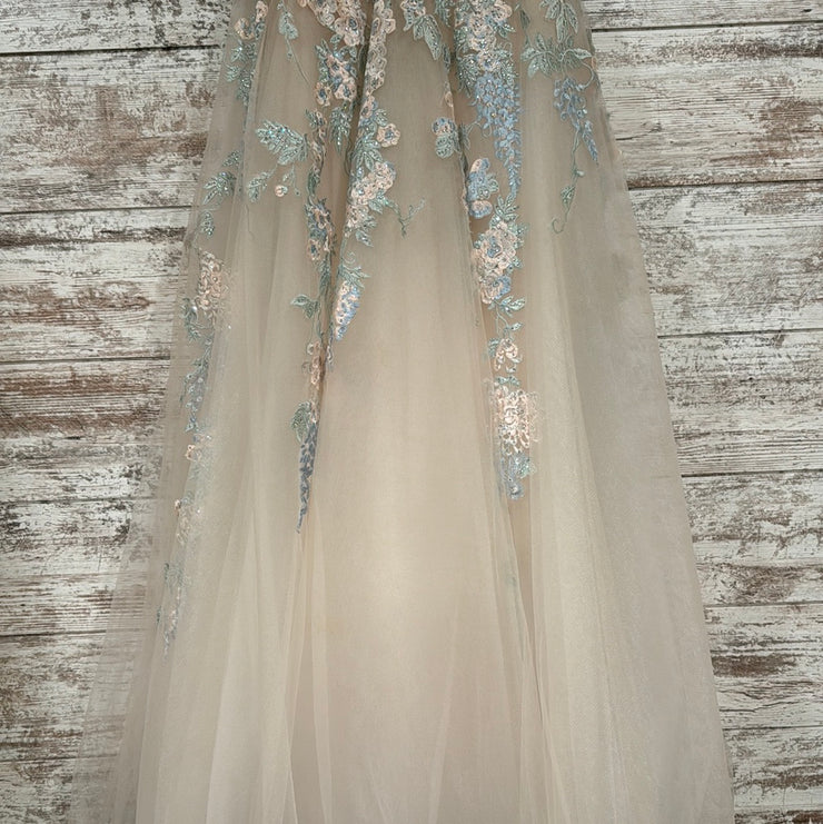 IVORY/BLUE FLORAL A LINE GOWN