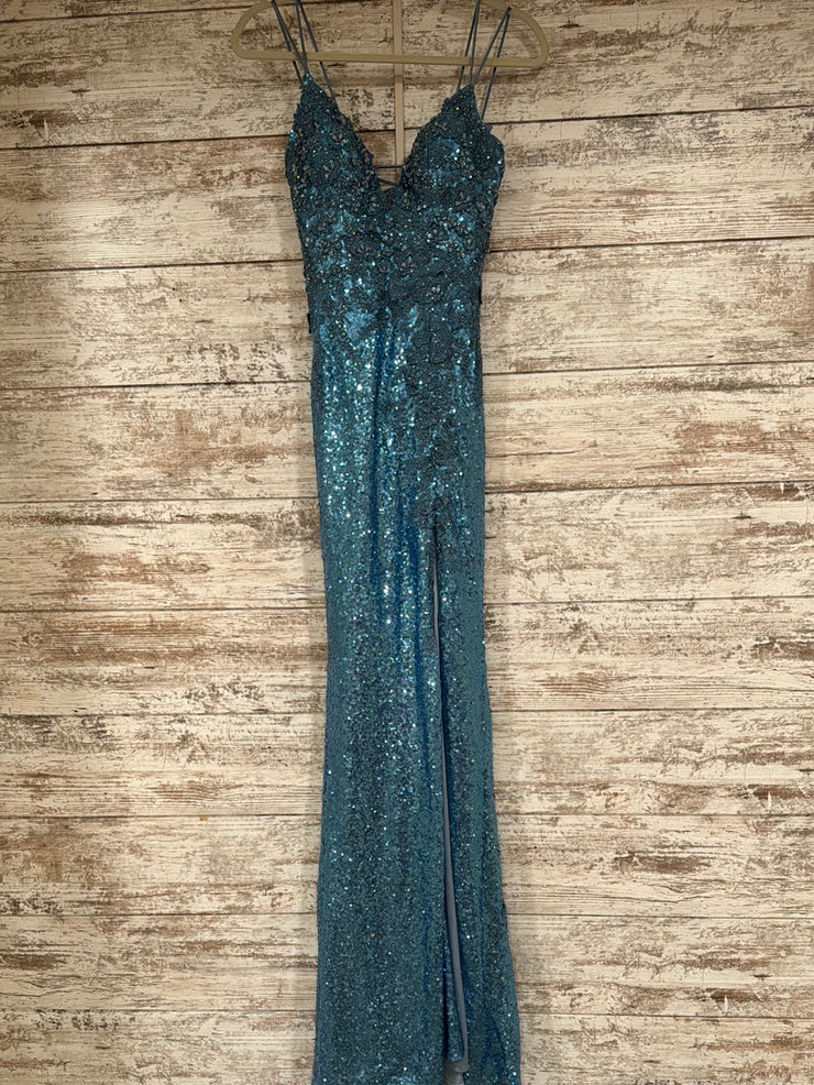 BLUE/FLORAL SEQUIN LONG DRESS