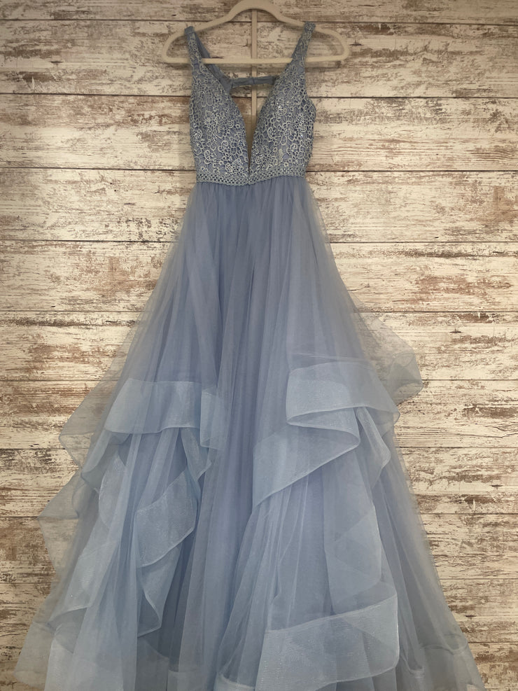 BLUE RUFFLED A LINE GOWN