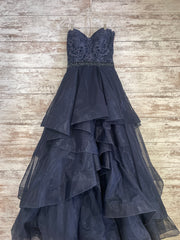 NAVY RUFFLED A LINE GOWN