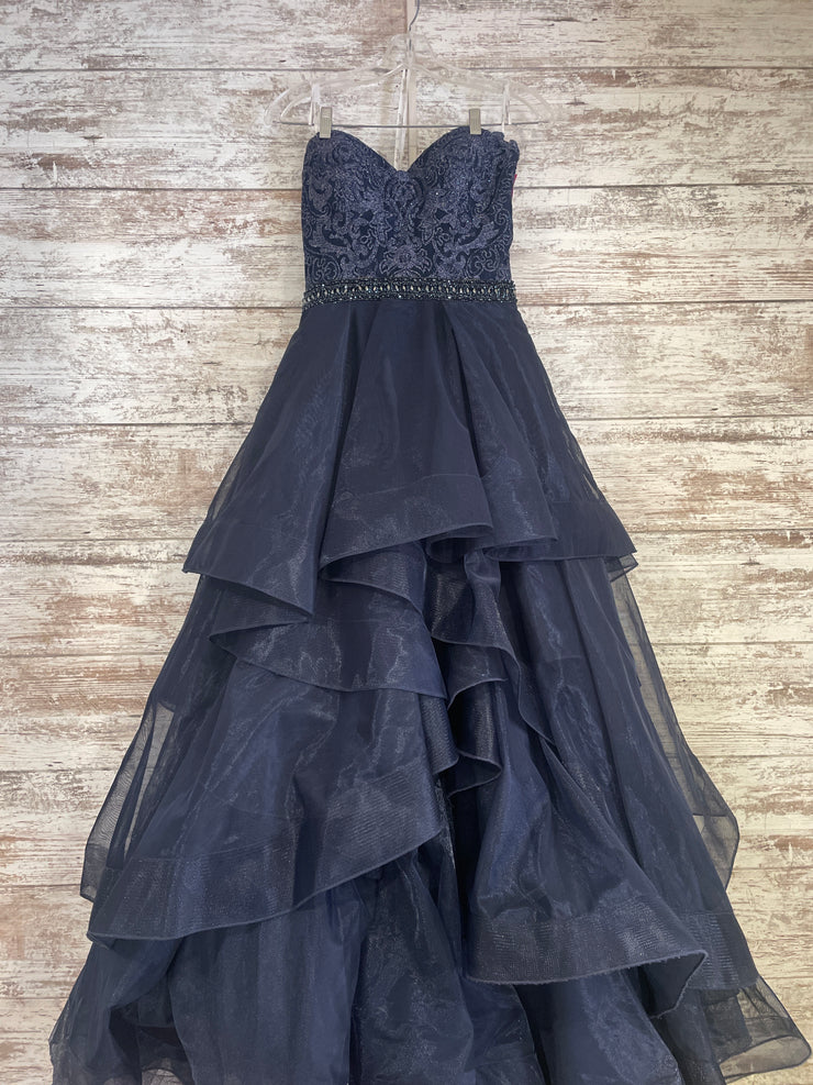 NAVY RUFFLED A LINE GOWN