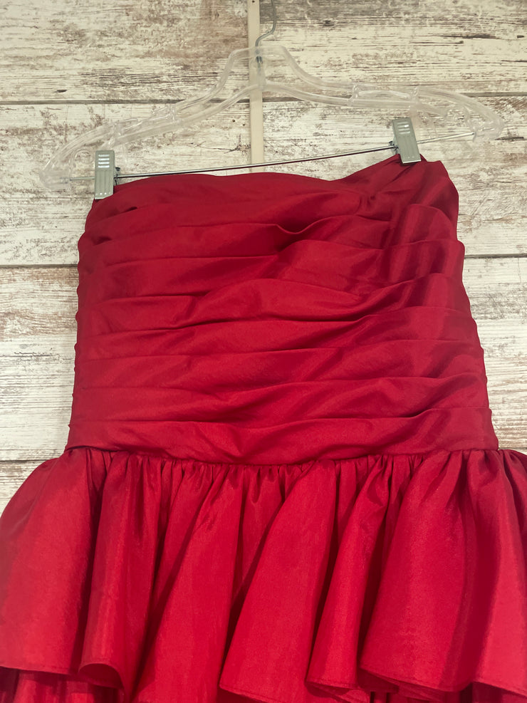 RED RUFFLED/TIERED A LINE GOWN