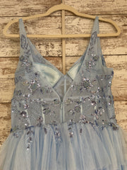 BLUE RUFFLED A LINE GOWN