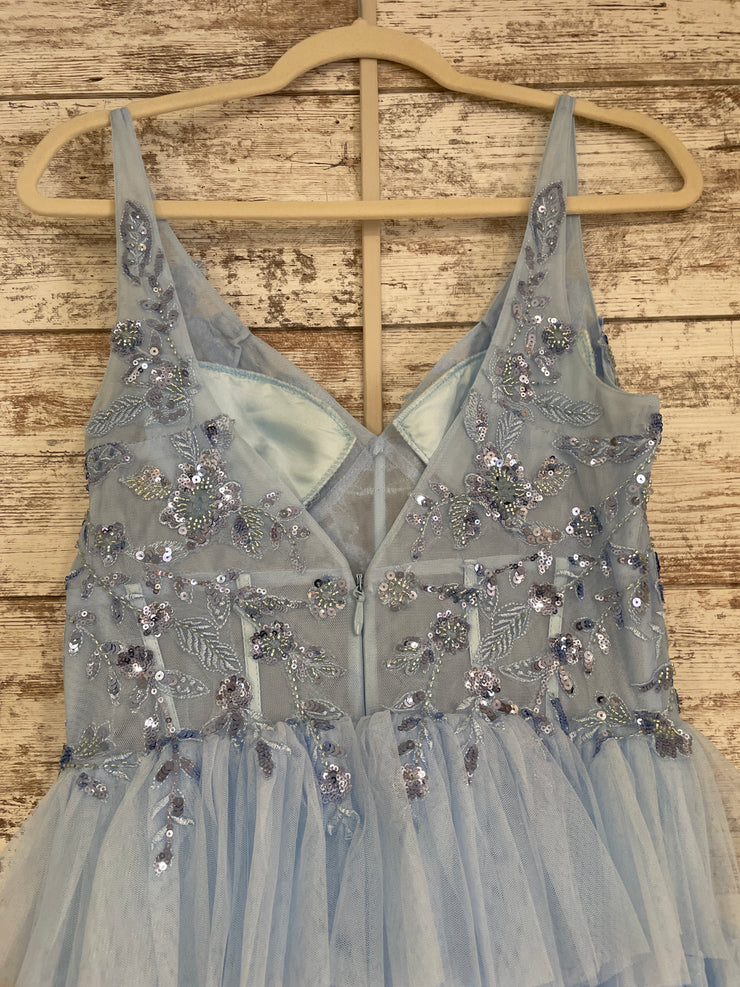BLUE RUFFLED A LINE GOWN