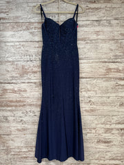 NAVY BEADED LONG EVENING GOWN