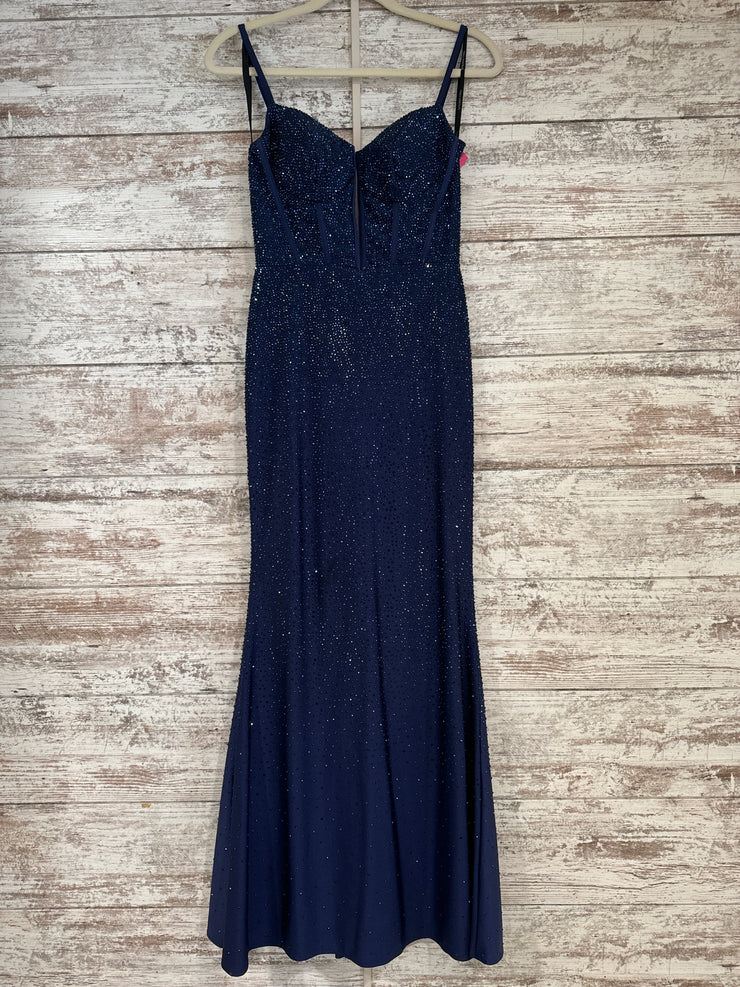 NAVY BEADED LONG EVENING GOWN