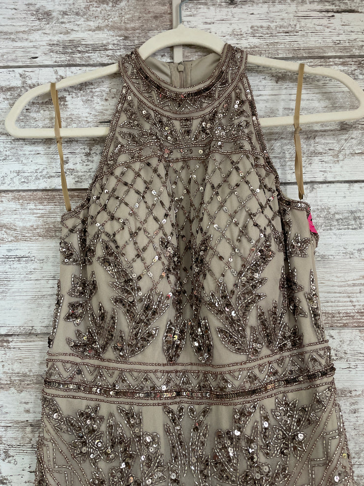 TAN BEADED LONG EVENING GOWN