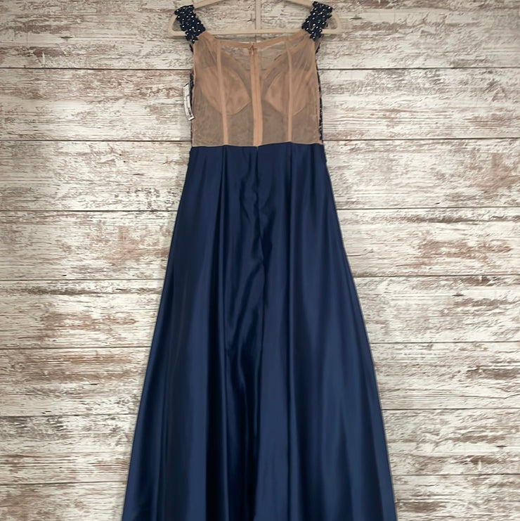 NAVY/TAN A LINE GOWN