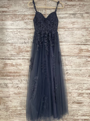 BLUE/GRAY FLORAL A LINE GOWN