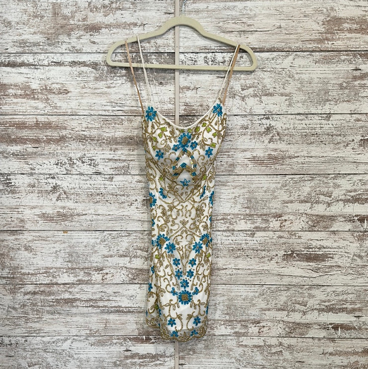 WHITE/GOLD/TEAL SHORT DRESS