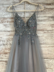 GRAY BEADED TOP A LINE GOWN