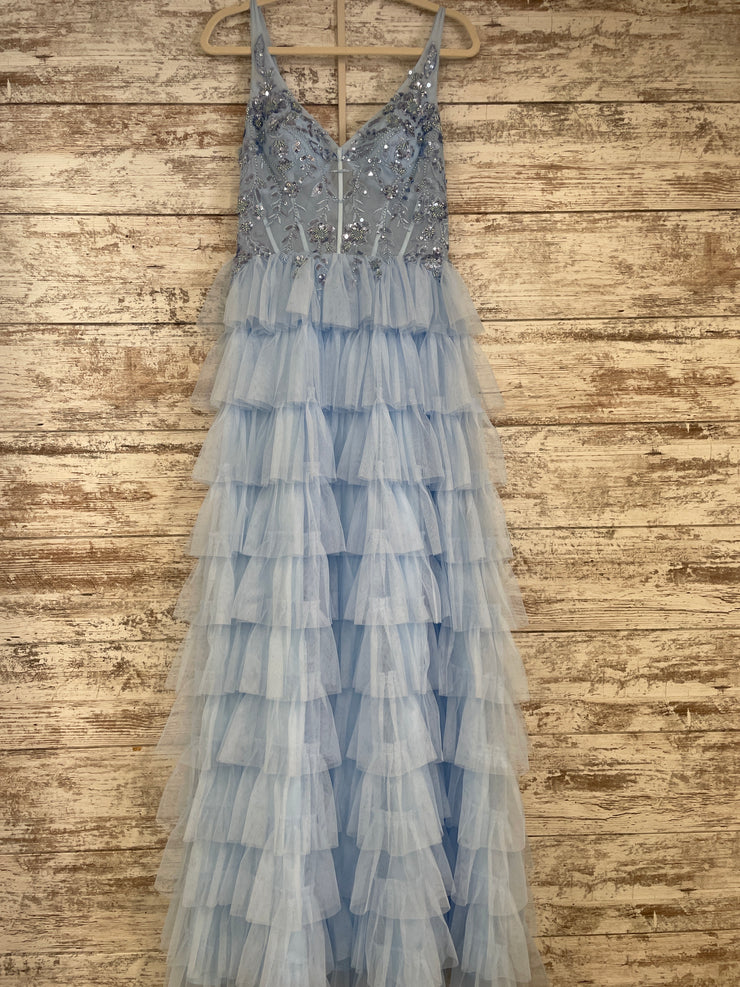 BLUE RUFFLED A LINE GOWN
