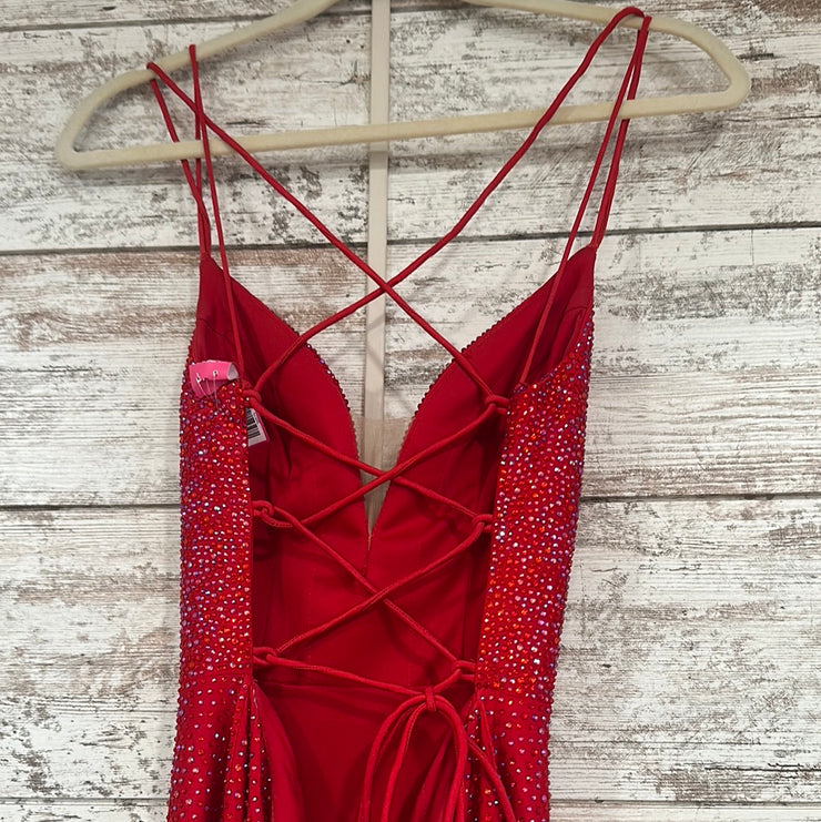 RED BEADED LONG EVENING GOWN