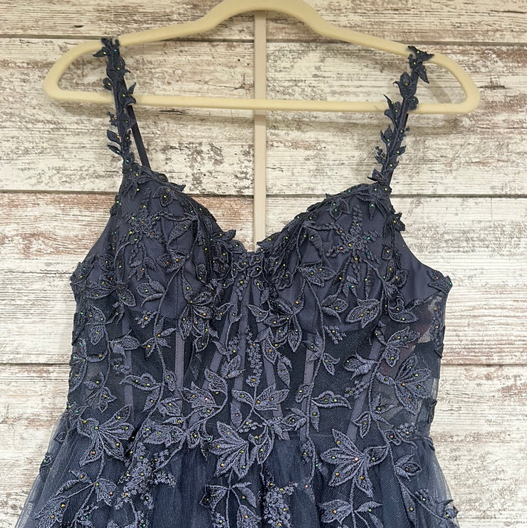 BLUE/GRAY FLORAL A LINE GOWN