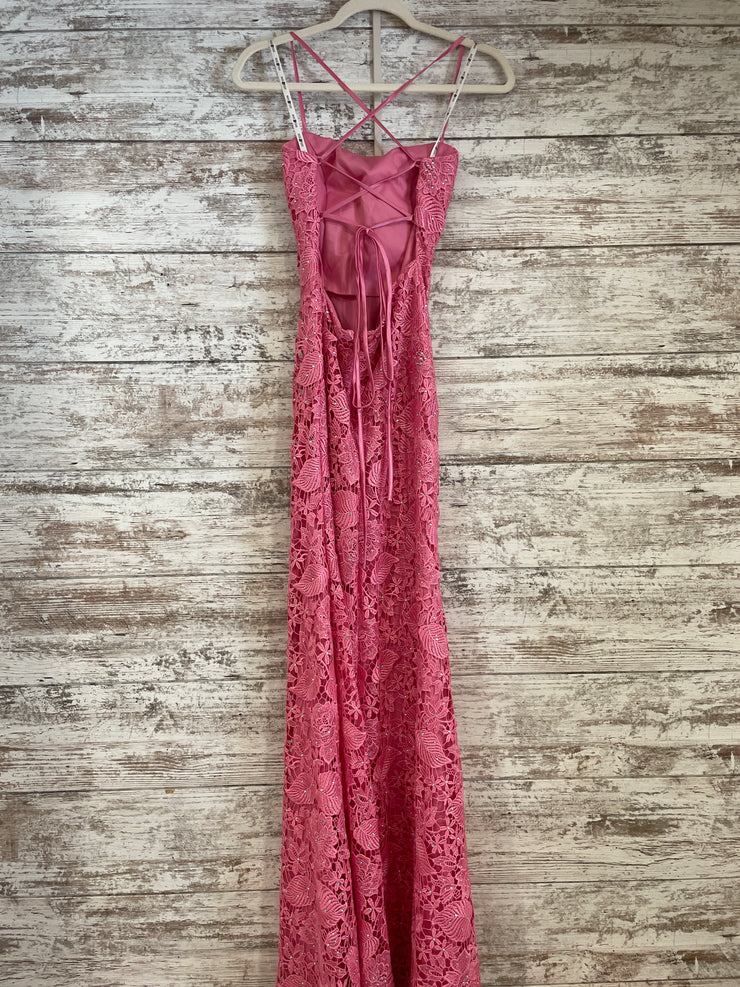 PINK LACE LONG EVENING GOWN