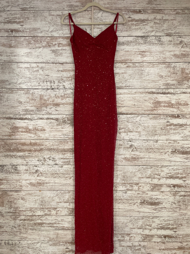 RED BEADED LONG EVENING GOWN