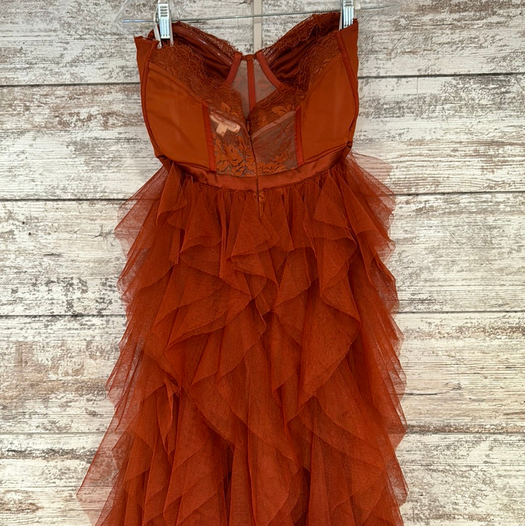 RUST RUFFLED LONG DRESS $359