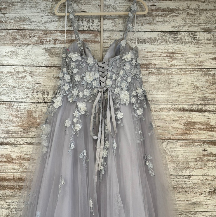 GRAY/FLORAL A LINE GOWN