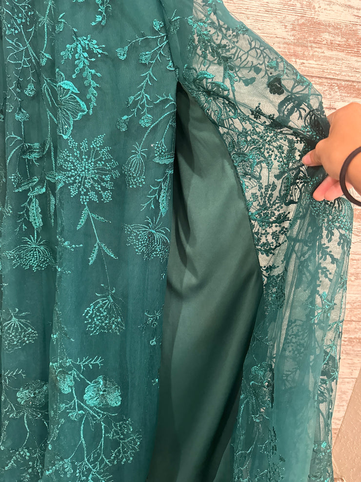 GREEN/FLORAL A LINE GOWN