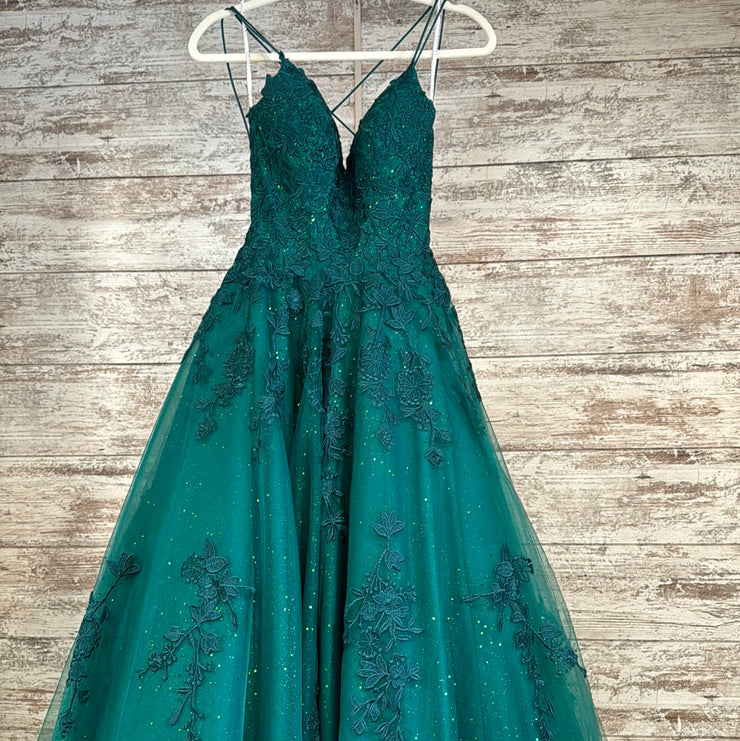 GREEN/FLORAL A LINE GOWN