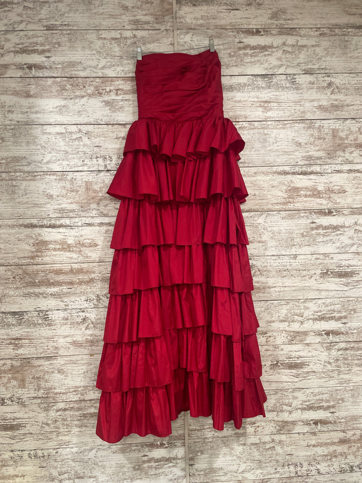 RED RUFFLED/TIERED A LINE GOWN